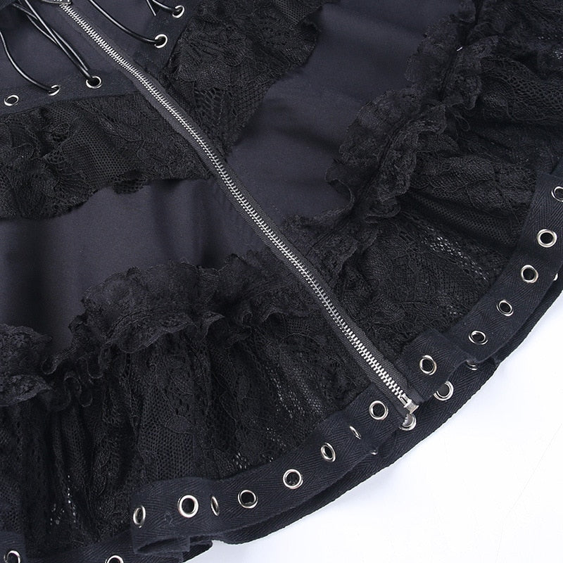 Gothic Lace Patchwork Grommet Zip Up Mini Skirt