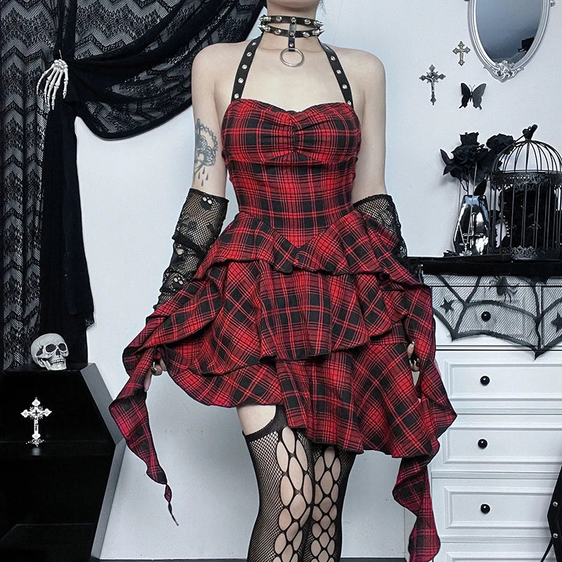 Gothic Grunge Y2K Red Plaid Irregular Hem Halter Mini Dress ROCK 'N DOLL Gothic Grunge Y2K Red Plaid Irregular Hem Halter Mini Dress ROCK 'N DOLL