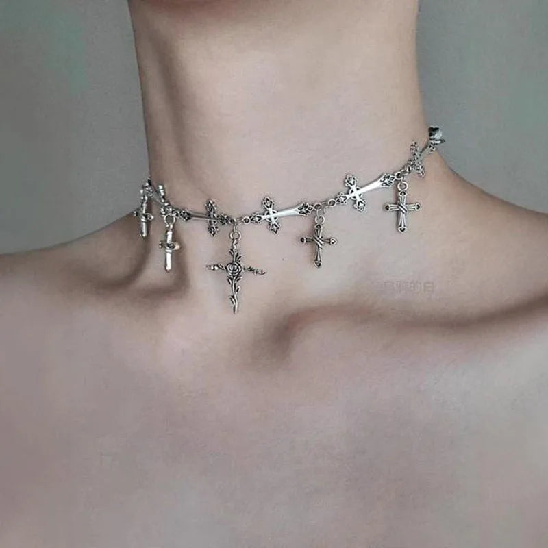 Gothic Alt Goth Chain Cross Choker Necklace