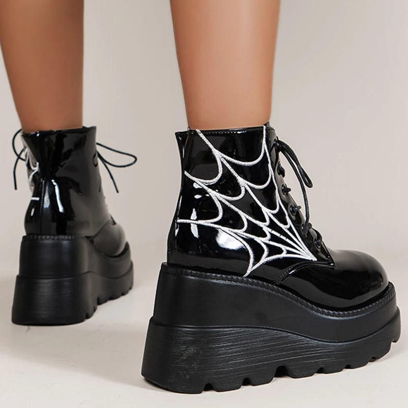 Gothic Spider Web Lace Up Chinky Wedge Platform Boots