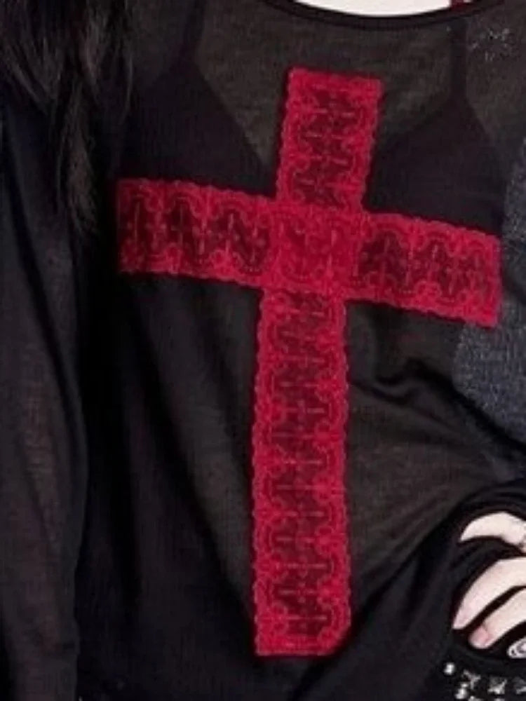 Gothic Y2K Alt Goth Cross Patchwork See Through Long Sleeve Top