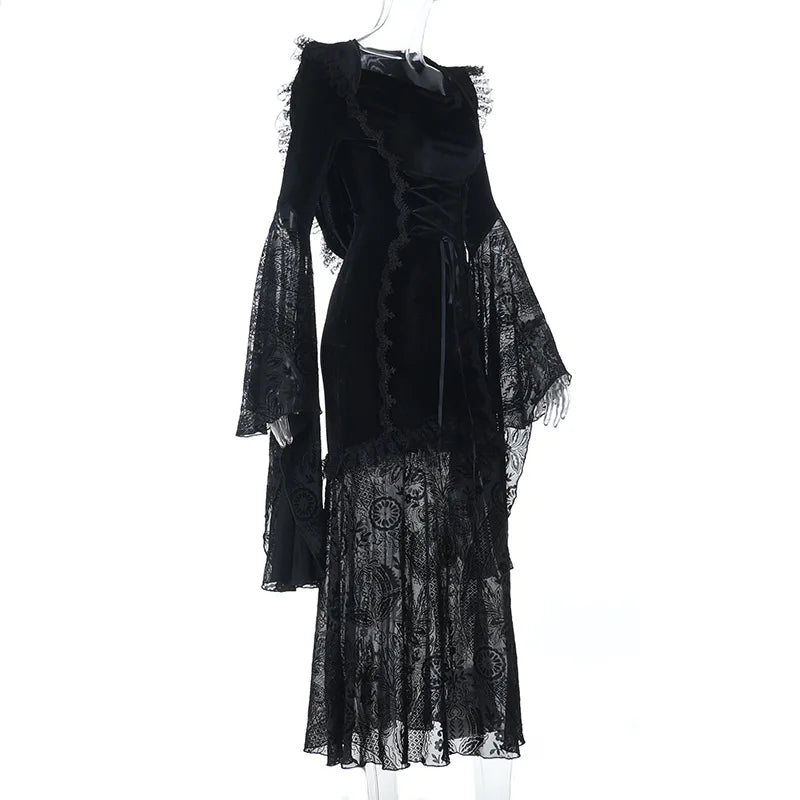 Gothic Romantic Goth Flocking Lace Batwing Sleeve Hooded Long Dress