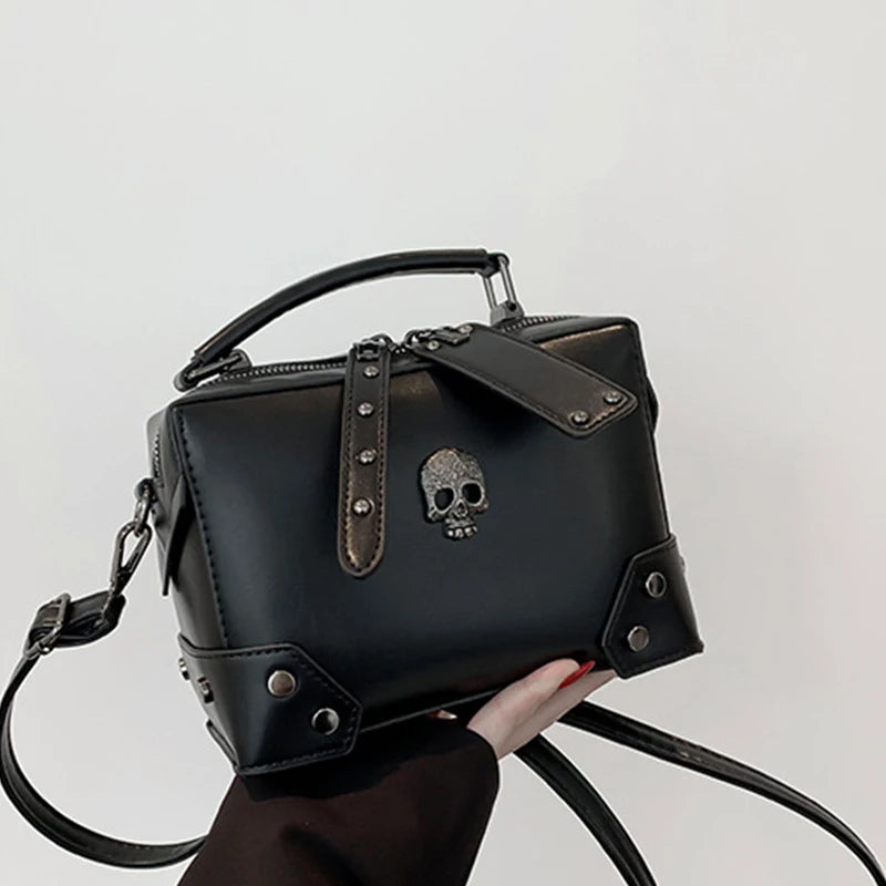 Gothic Punk Alt Goth Cross Skull Chain PU Leather Boxy Handbag Crossbody Bag with Top Handle