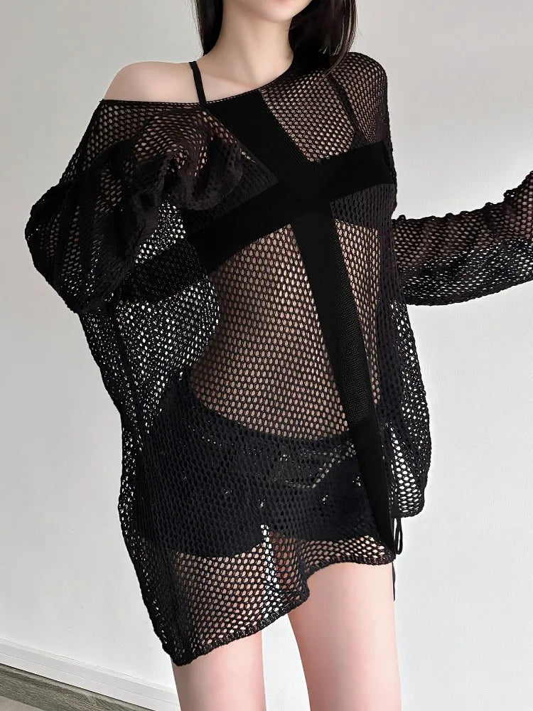 Gothic Y2K Alt Goth Punk Fishnet Mesh Cross Patchwork Long Sleeve Cover Up Top