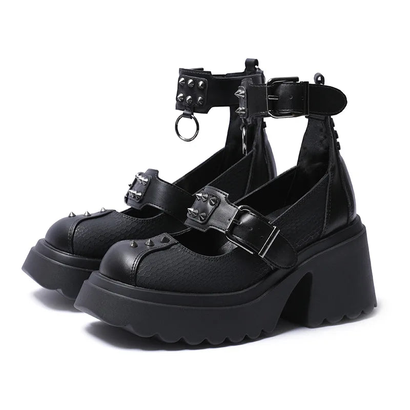 Gothic Alt Goth Punk Spikes Ring Rivets Platform Heels Mary Janes Pumps