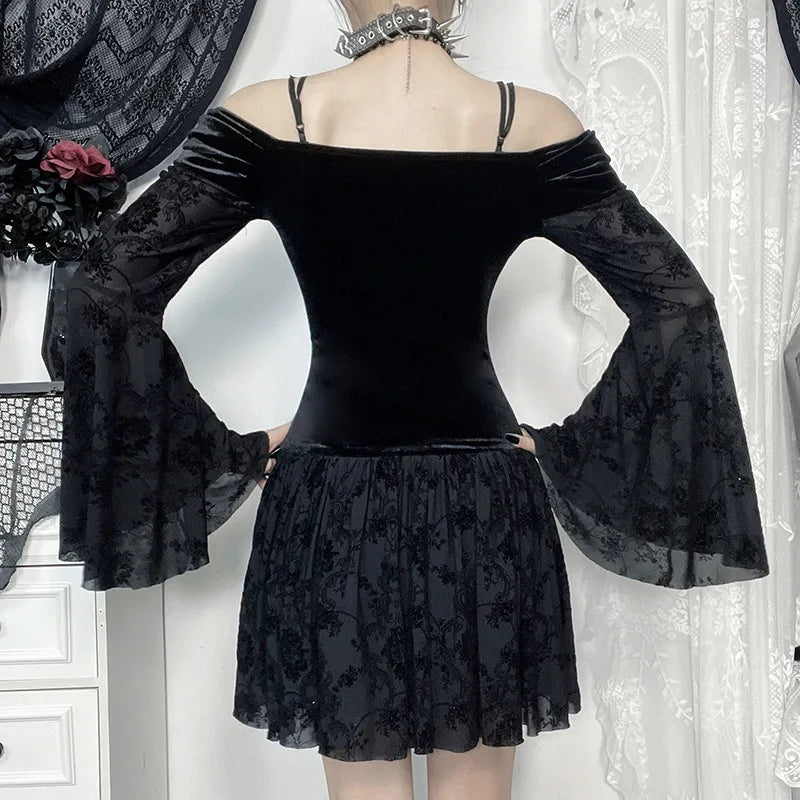 Gothic Vampire Goth Off Shoulder Velvet Sheer Flare Sleeves Mini Dress