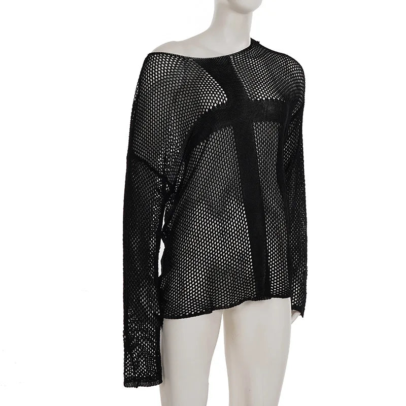 Gothic Y2K Alt Goth Punk Fishnet Mesh Cross Patchwork Long Sleeve Cover Up Top