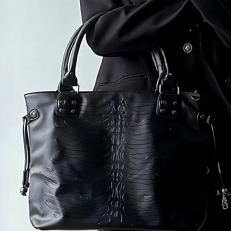 Gothic Alt Goth Embossed Skeleton Large Capacity Tote Shoulder Bag Handbag