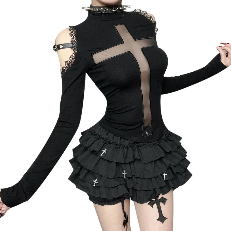 Gothic Alt Goth Cold Shoulder Lace Patchwork Cross Mesh Long Sleeve Top
