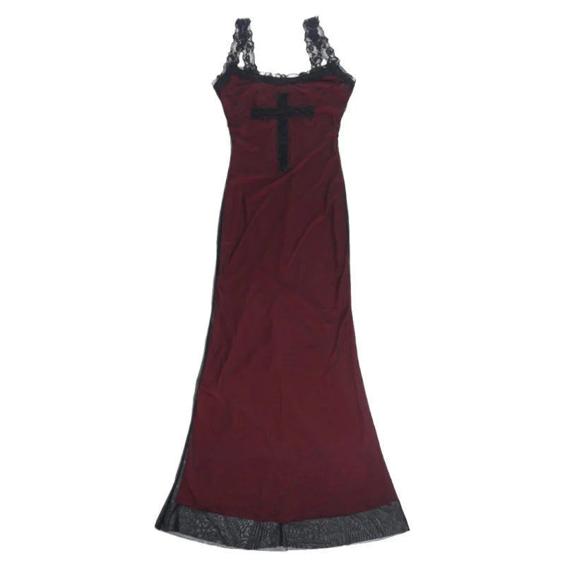 Gothic Alt Goth Cross Pattern Lace Strap Red Bodycon Dress