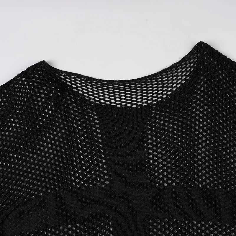 Gothic Y2K Alt Goth Punk Fishnet Mesh Cross Patchwork Long Sleeve Cover Up Top