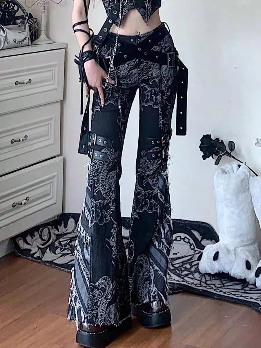 Gothic Y2K Harajuku Goblin Low Rise Distressed Flare Pants