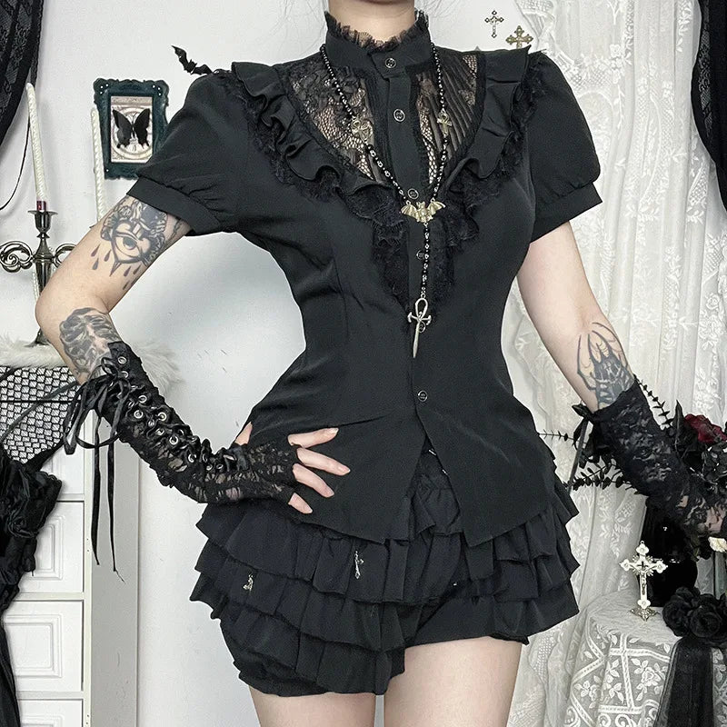 Gothic Victorian Goth Lace Patchwork Hollow Out Short Sleeve Blouse Top