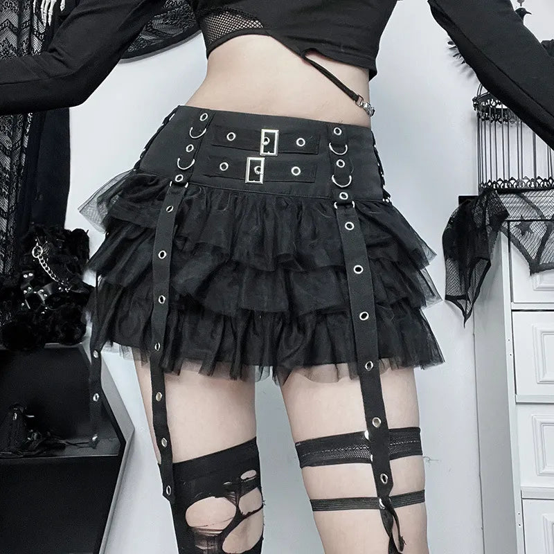 Gothic Ruffles Mesh Splice Buckles Mini Skirt