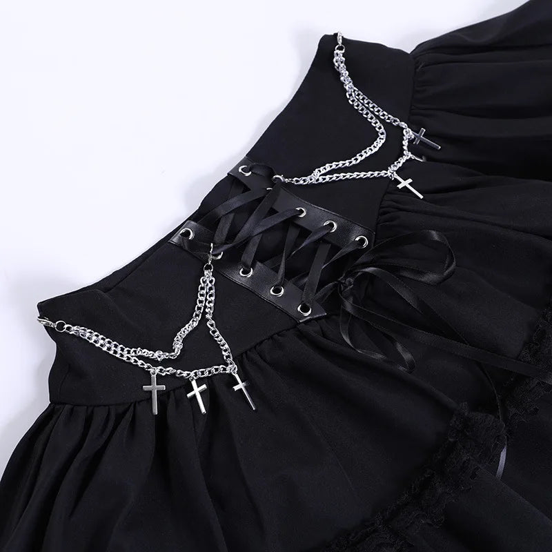 Gothic Romantic Chain Cross Lace Up Waist Cake Mini Skirt