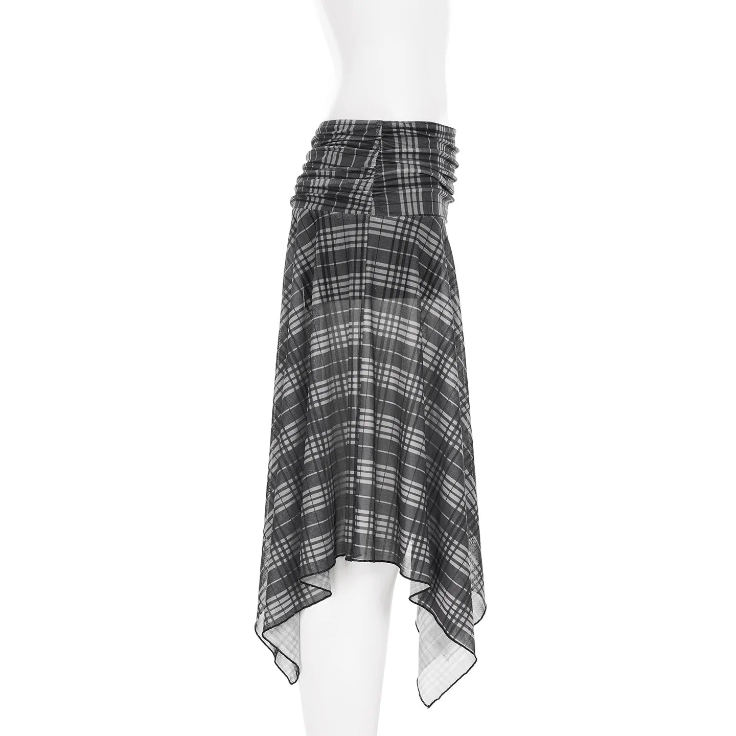 Gothic Alt Goth Grunge Y2K Plaid Mesh Patchwork Irregular Hem Midi Skirt
