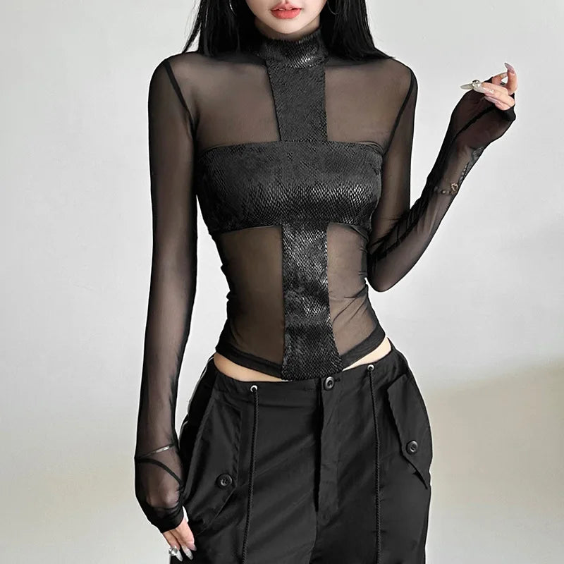 Gothic Alt Y2K Goth Cross Patchwork Mesh See-Through Long Sleeve Shirt Top