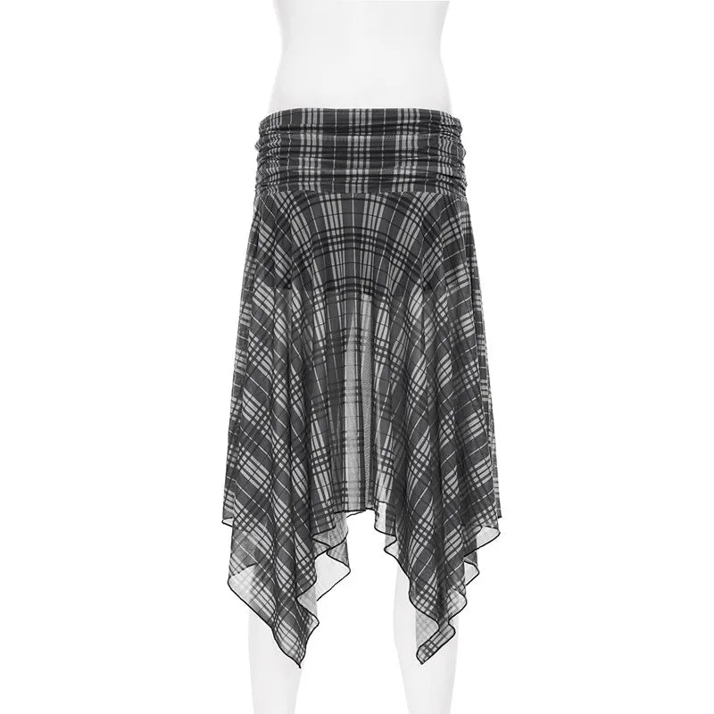 Gothic Alt Goth Grunge Y2K Plaid Mesh Patchwork Irregular Hem Midi Skirt