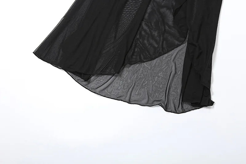 Gothic Alt Goth High Waist Mesh Patchwrok High Slit Long Skirt
