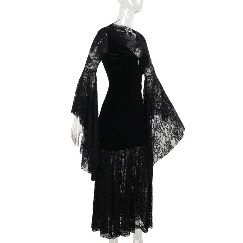 Gothic Vampire Lace Bell Sleeves Deep Neckline Long Dress