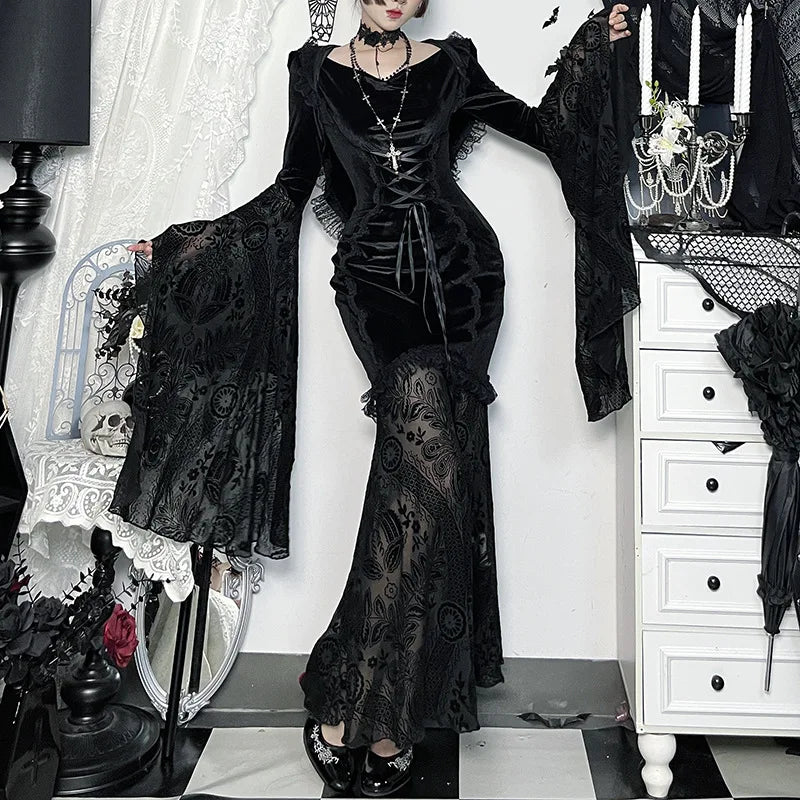 Gothic Romantic Goth Flocking Lace Batwing Sleeve Hooded Long Dress