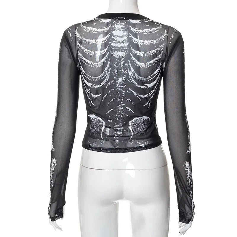 Gothic 90's Goth Y2K Skeleton Print Mesh Top