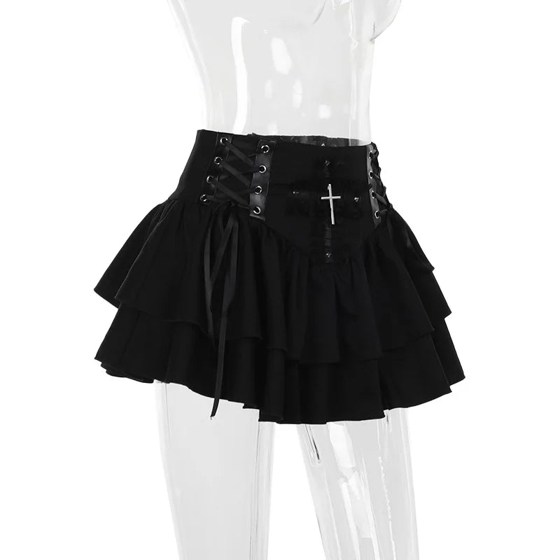 Gothic Alt Cross Patchwork Lace Up Pleated Mini Skirt
