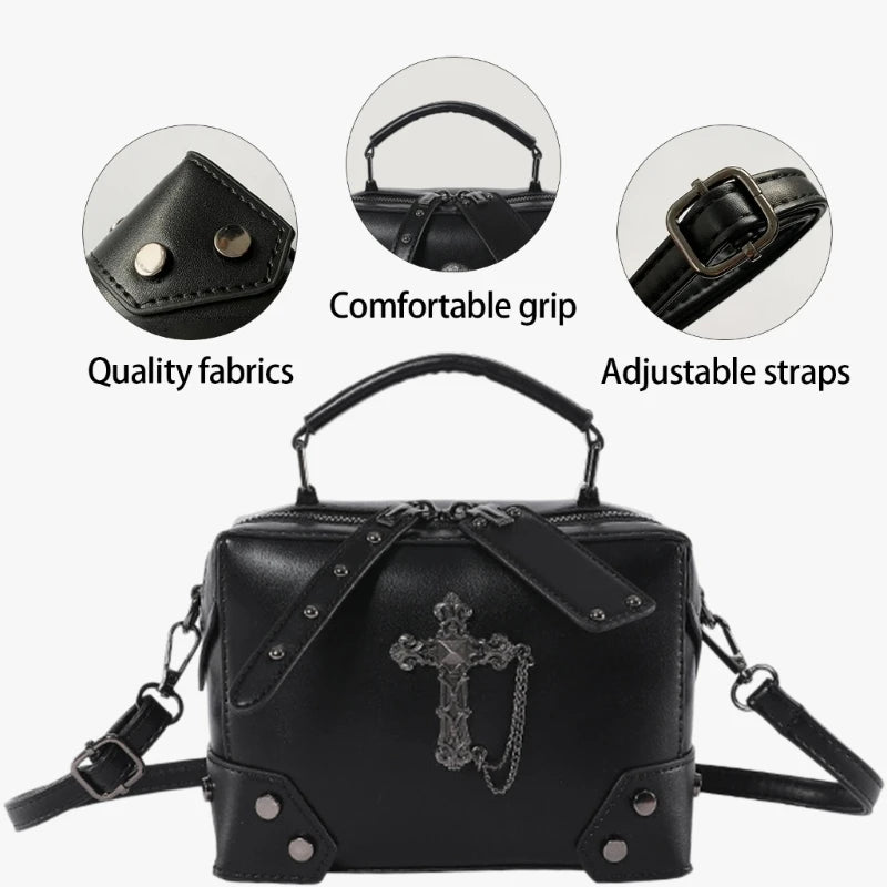 Gothic Punk Alt Goth Cross Skull Chain PU Leather Boxy Handbag Crossbody Bag with Top Handle
