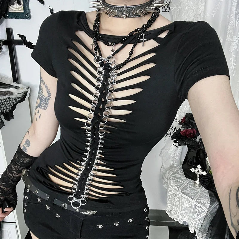 Gothic Alt Punk Goth Hollow Out Bone Chain Short Sleeve Top