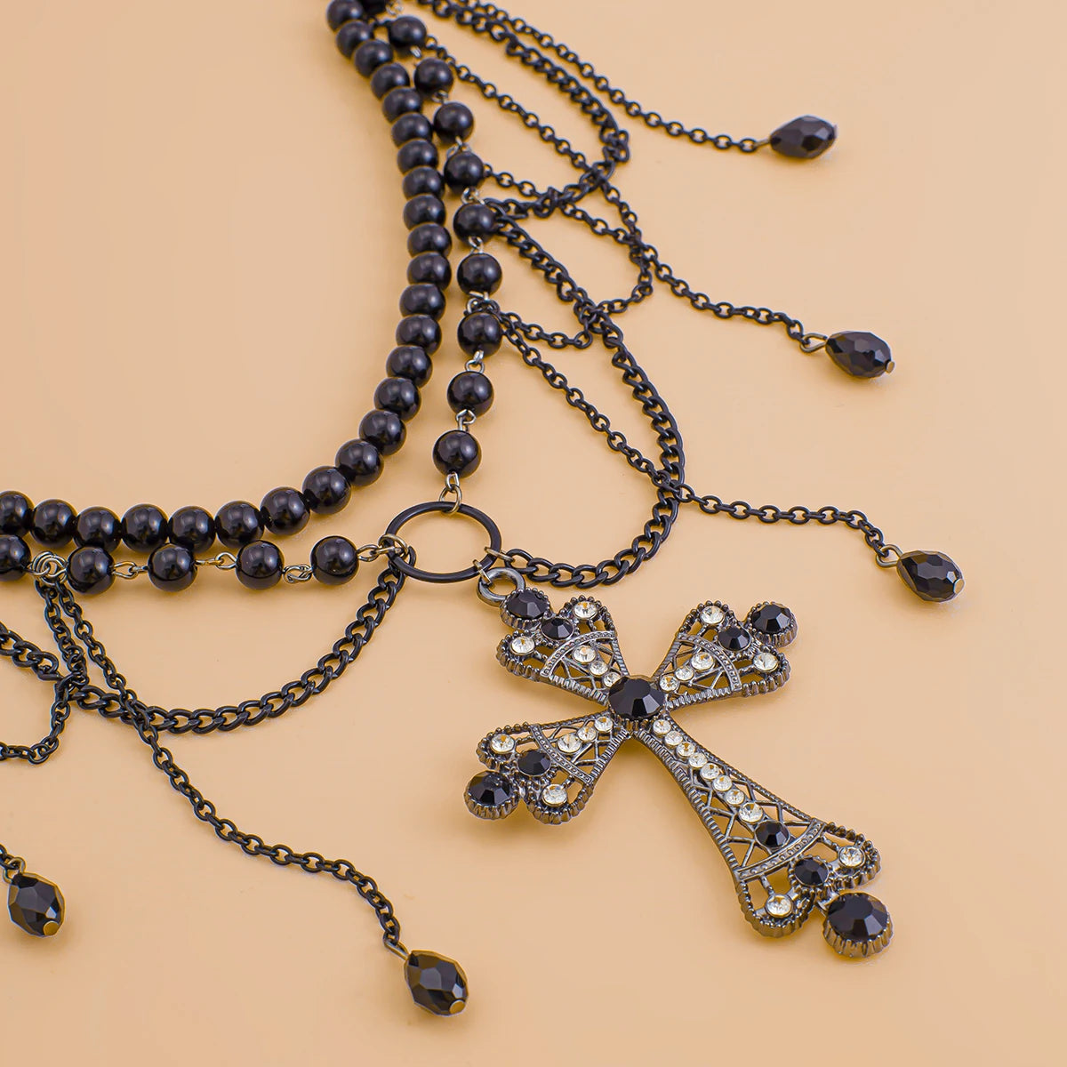 Gothic Romantic Black Crystal Cross Pendant Waist Belly Chain Belt