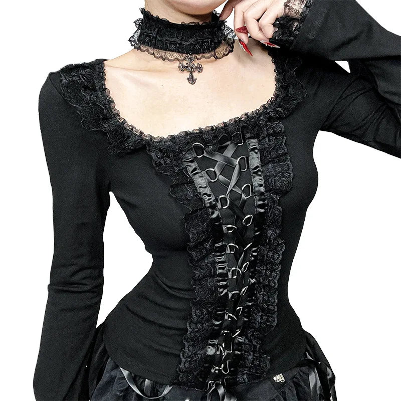 Gothic Romantic Goth Lace Ruffles Patchwork Square Collar Long Sleeve Top