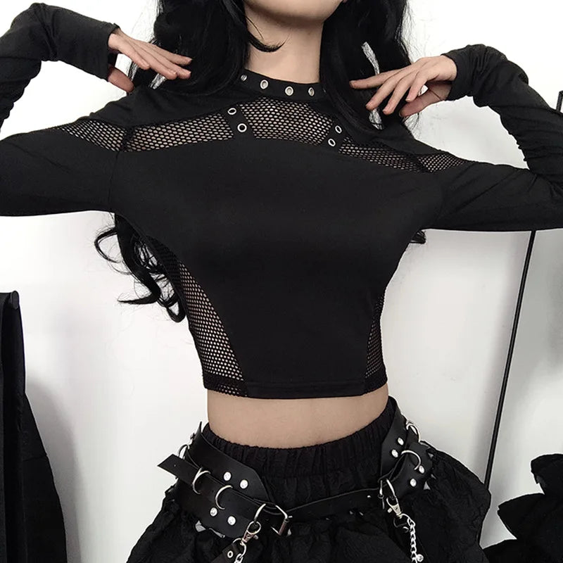 Gothic Fishnet Grommet Long Sleeve Top