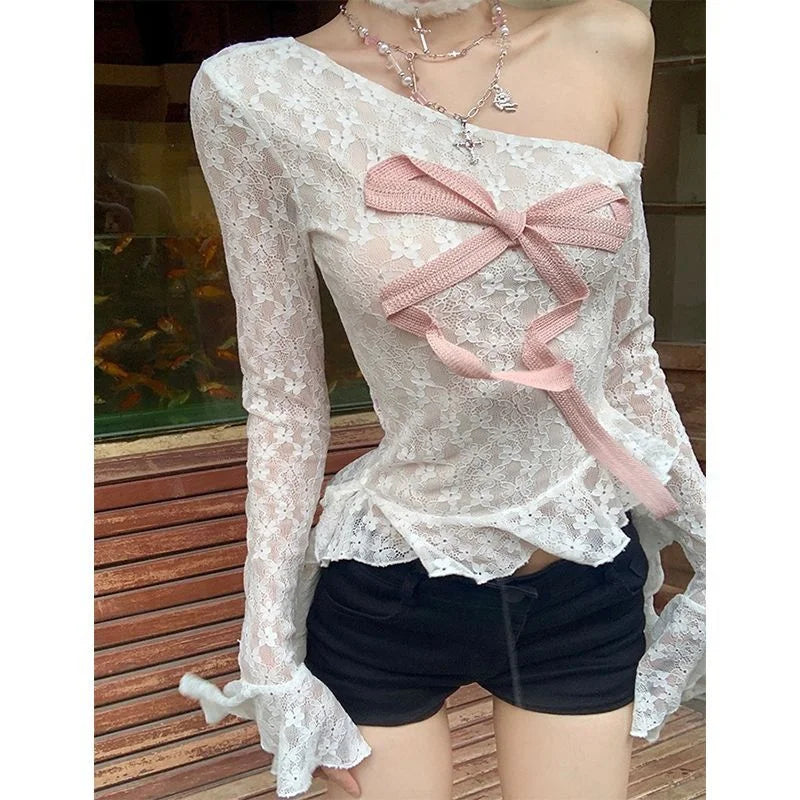 Gothic Dark Coquette Y2K White Off Shoulder Pink Bow Long Sleeve Lace Top
