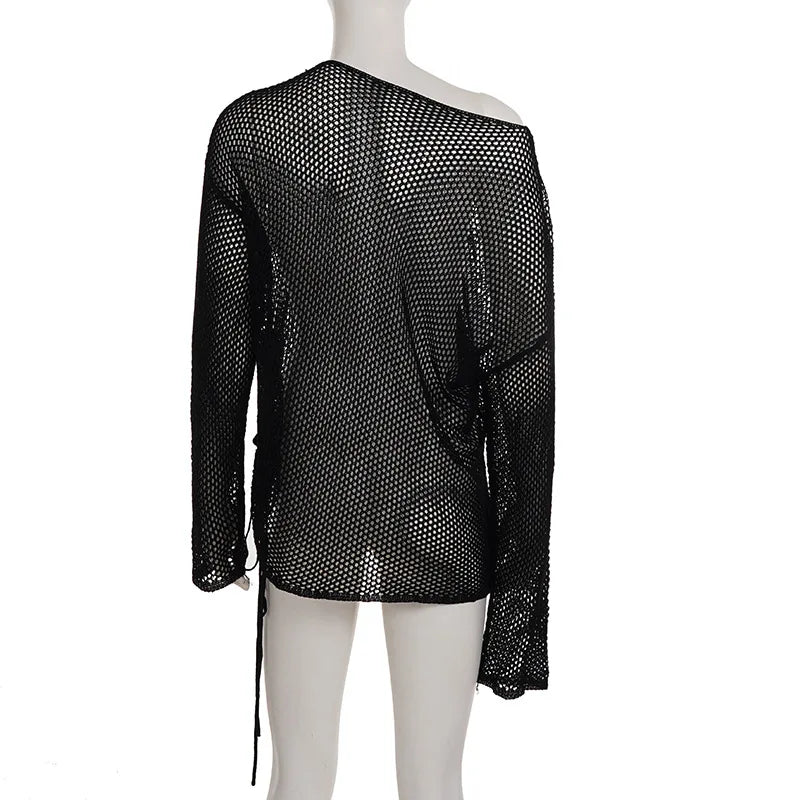 Gothic Y2K Alt Goth Punk Fishnet Mesh Cross Patchwork Long Sleeve Cover Up Top