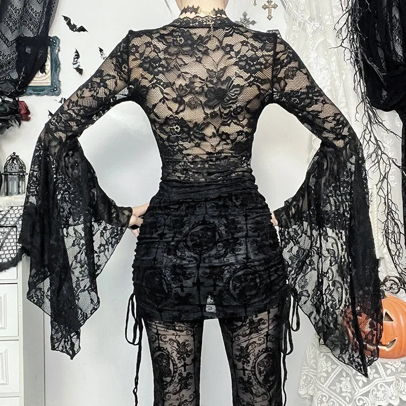 Gothic Vampire V-Neck Chain Beads Lace Bell Sleeves Top
