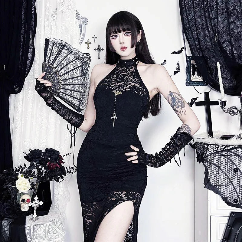 Gothic Alt Goth Halter Lace See Through High Slit Bodycon Long Dress