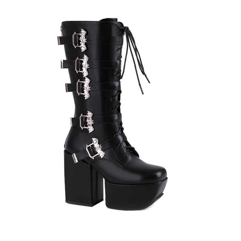 Gothic Alt Goth Bats Buckles Platform Heels Boots