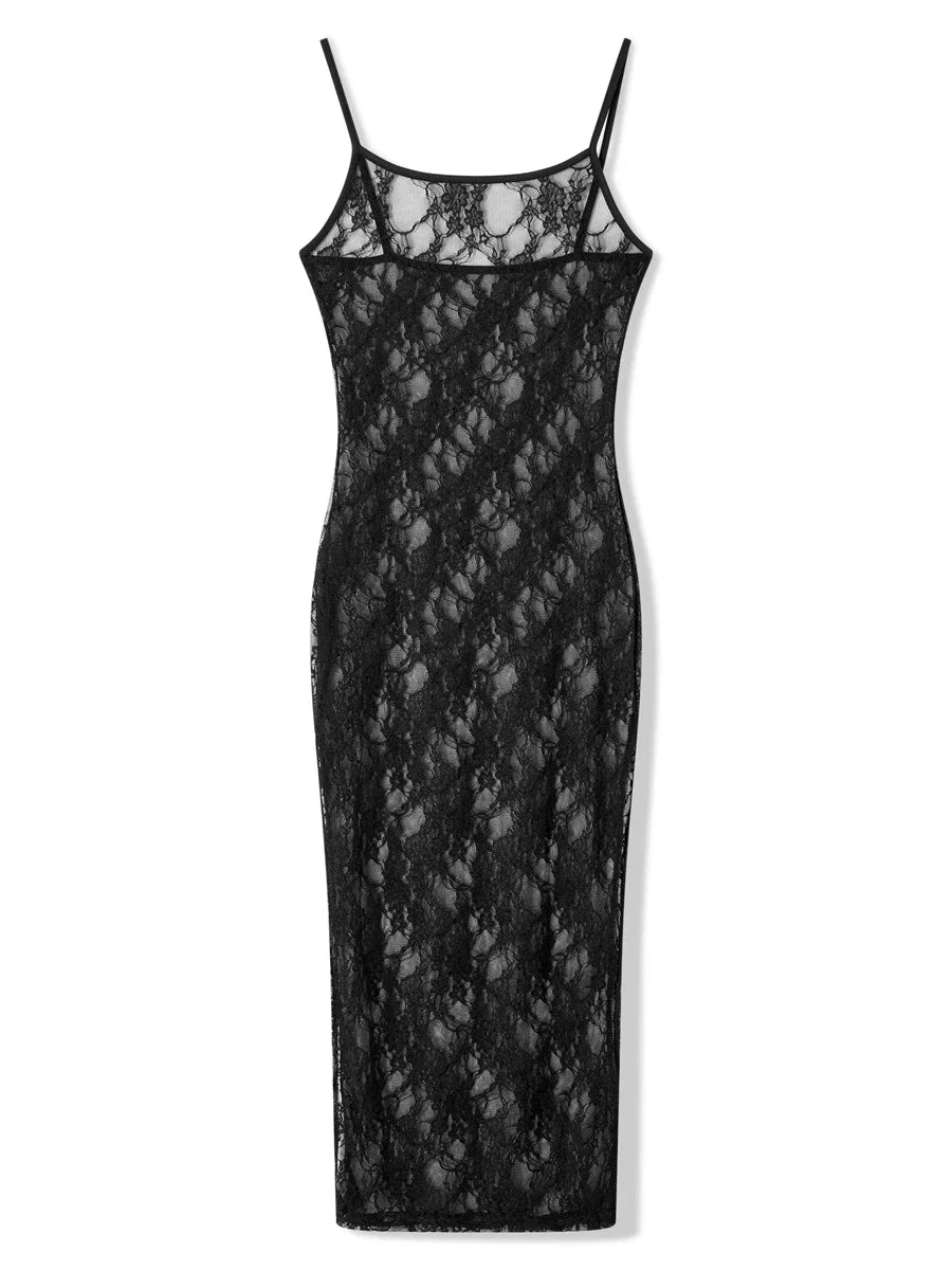 Gothic Romantic 90s Goth Black Lace See Through Spaghetti Strap Long Bodycon Dress