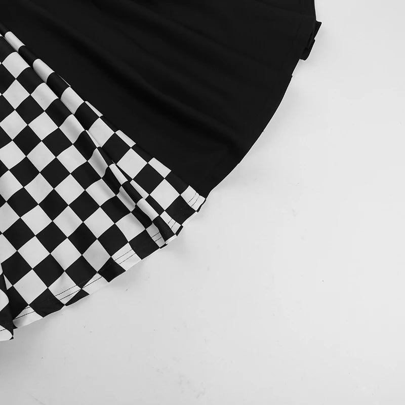 Gothic Checkered Puff Sleeves Mini Dress