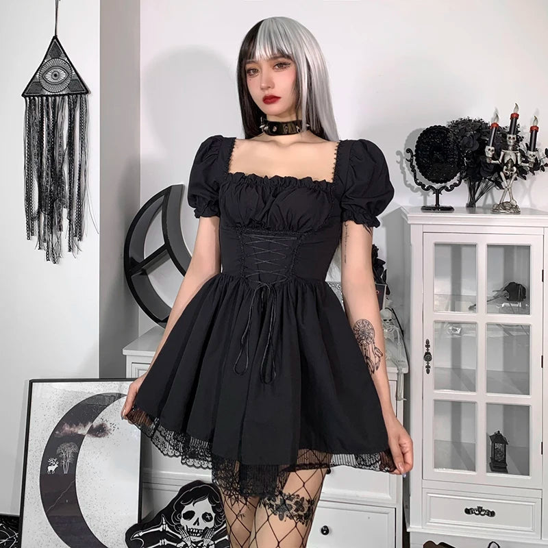 Gothic Vintage Corset Waist Lace Trim Mini Dress (available in 2 colors)