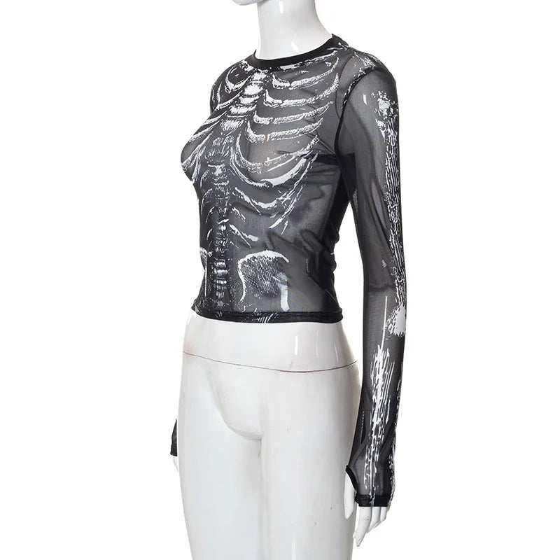 Gothic 90's Goth Y2K Skeleton Print Mesh Top