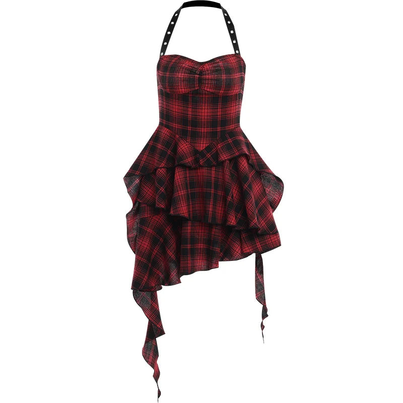 Gothic Grunge Y2K Red Plaid Irregular Hem Halter Mini Dress