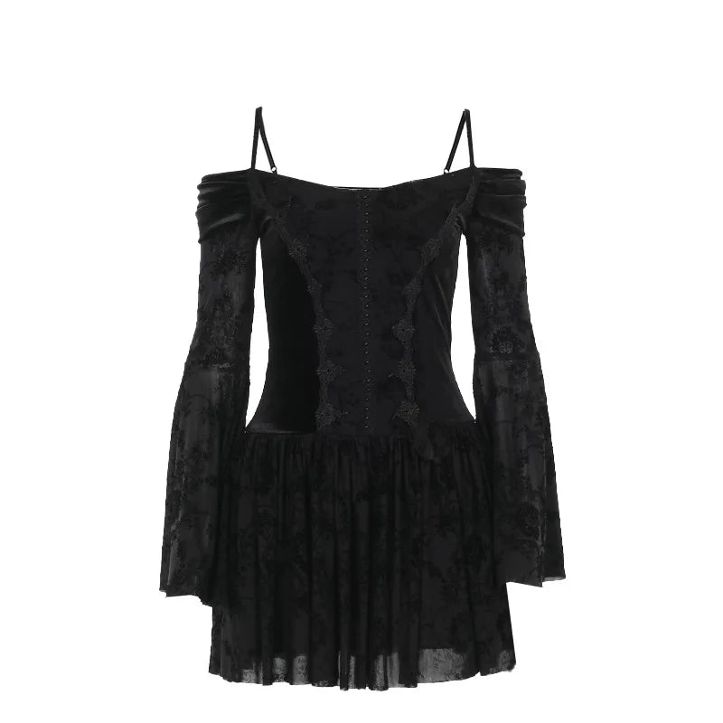 Gothic Vampire Goth Off Shoulder Velvet Sheer Flare Sleeves Mini Dress