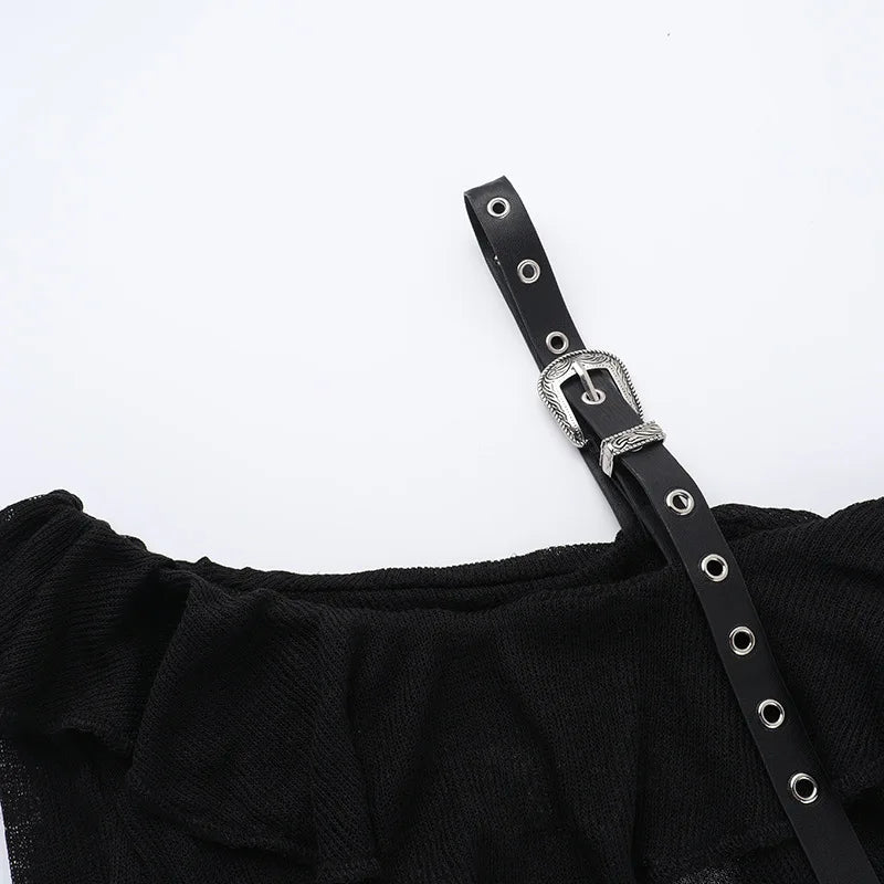 Gothic Y2K Alt Goth Cross Print Off Shoulder Leather Buckle Long Sleeve Top