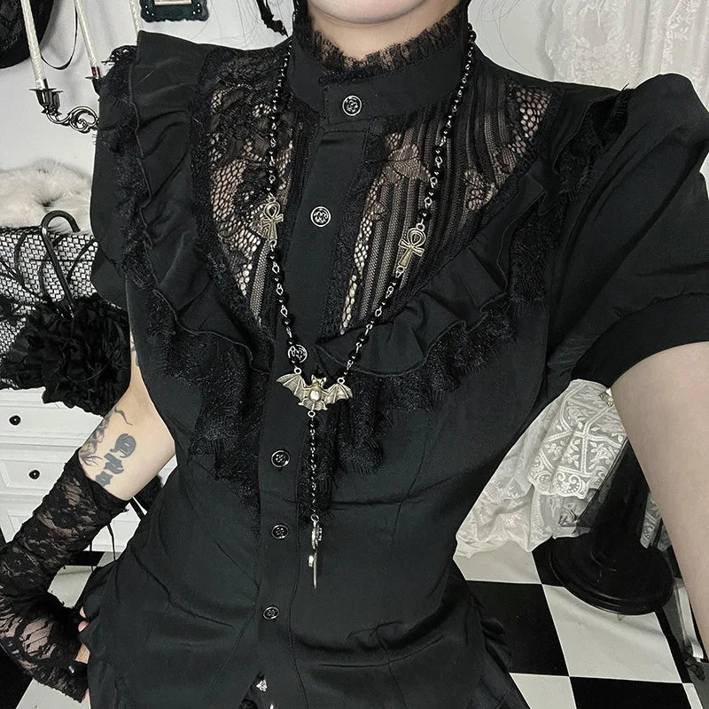Gothic Victorian Goth Lace Patchwork Hollow Out Short Sleeve Blouse Top