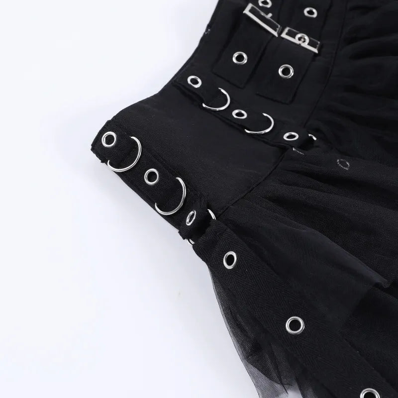 Gothic Ruffles Mesh Splice Buckles Mini Skirt