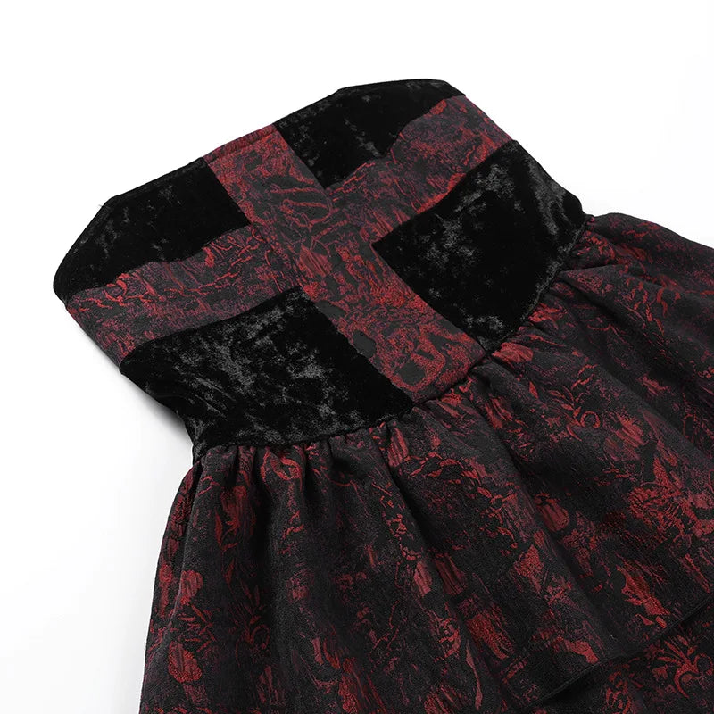 Gothic 90's Goth Red Black  Lace Print Velvet Mini Dress