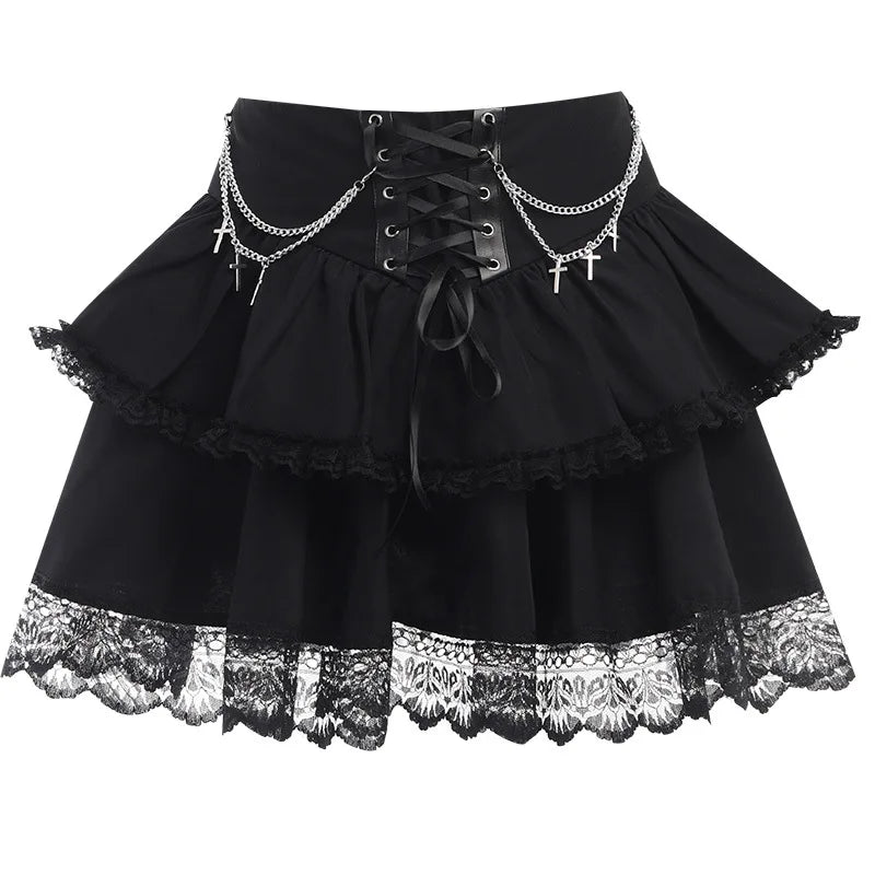 Gothic Romantic Chain Cross Lace Up Waist Cake Mini Skirt