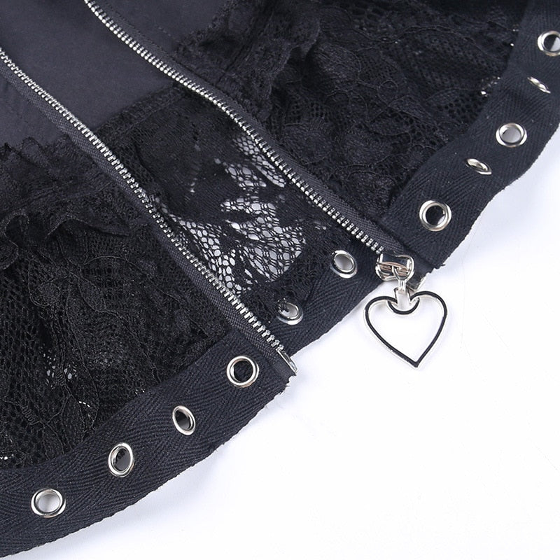 Gothic Lace Patchwork Grommet Zip Up Mini Skirt