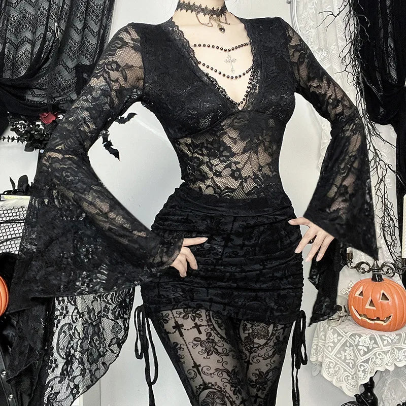 Gothic Vampire V-Neck Chain Beads Lace Bell Sleeves Top